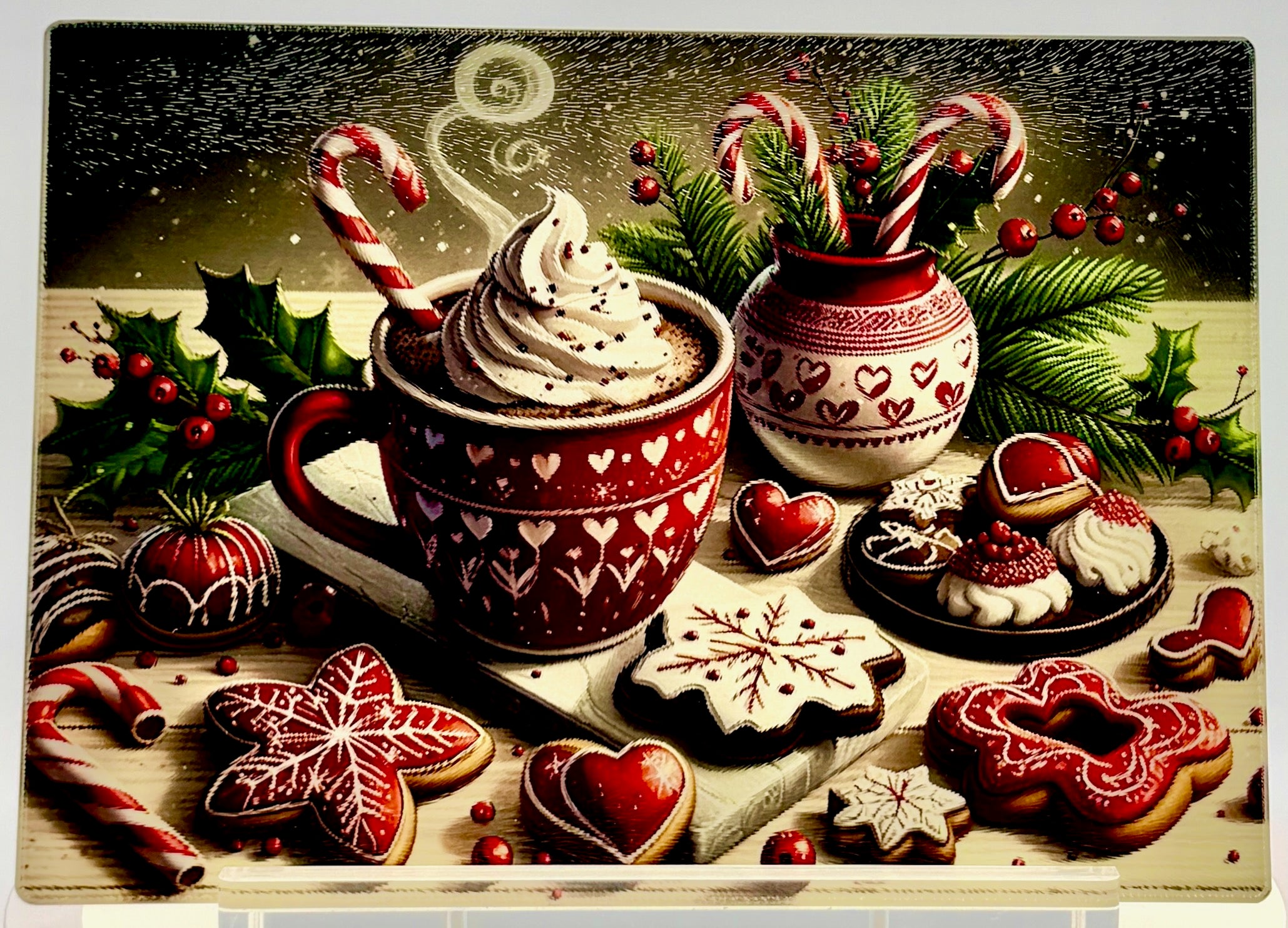 Christmas Cookie Theme Tempered Glass Cutting Board. 11" x 8"