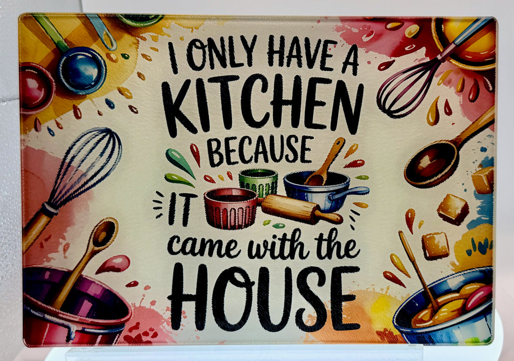 Fun Kitchen Themed Tempered Glass Cutting Board. 11" x 8"