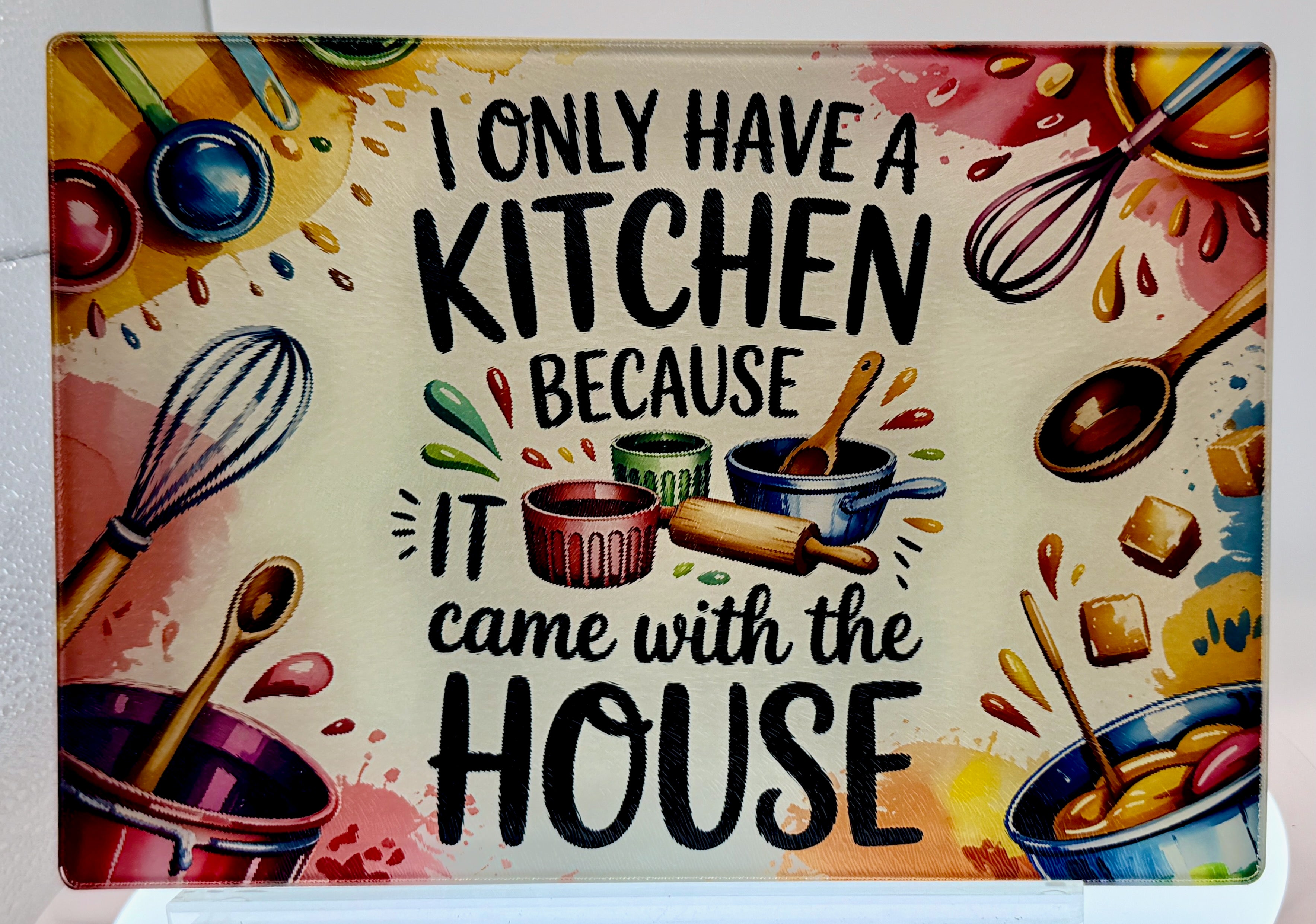 Fun Kitchen Themed Tempered Glass Cutting Board. 11" x 8"