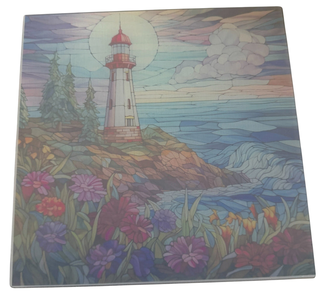 Beautiful Lighthouse and Ocean Scene Tempered Glass Cutting Board. 9"