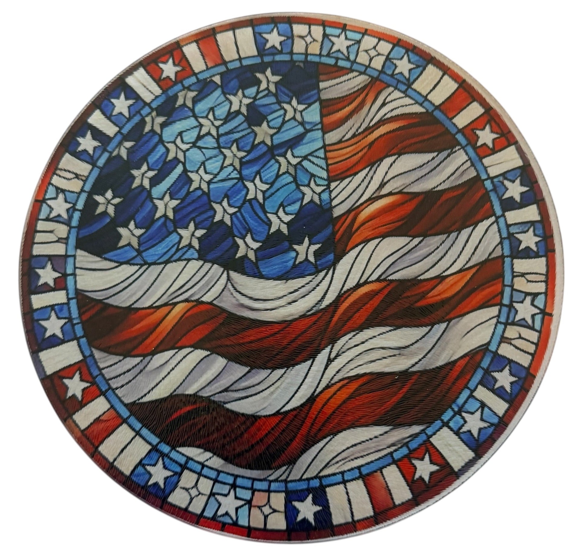 Patriotic 9" Round Tempered Glass Cutting Board.