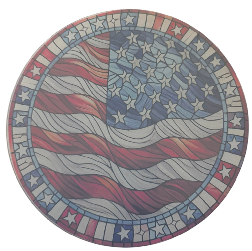 Patriotic 9" Round Tempered Glass Cutting Board.