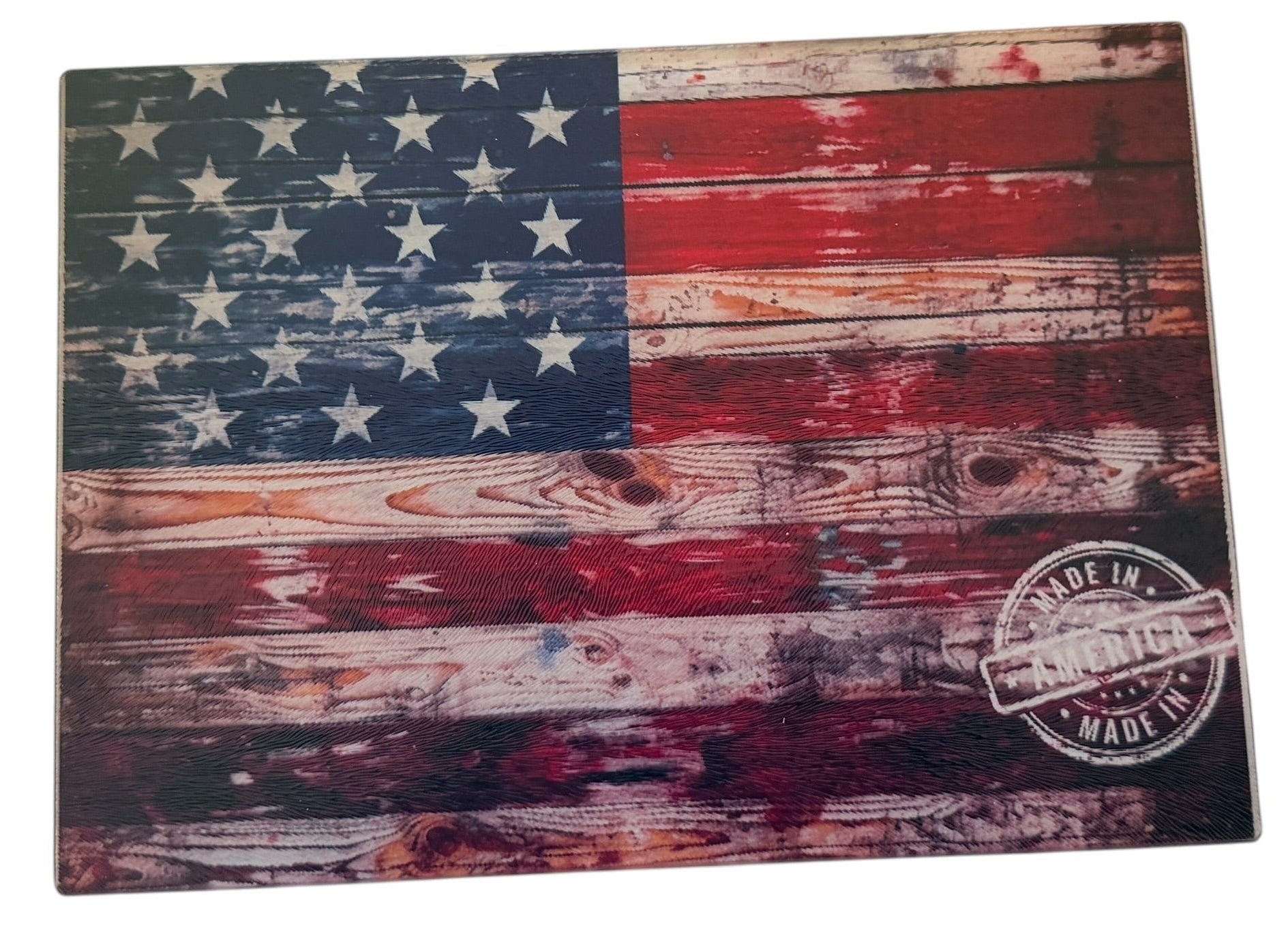 Fantastic Wood Look Flag on Tempered Glass Cutting Board. 11" x 8"