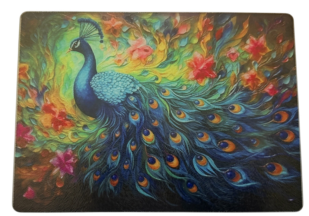 Beautiful Tempered Glass Cutting Board in Peacock Theme. 11" x 8"