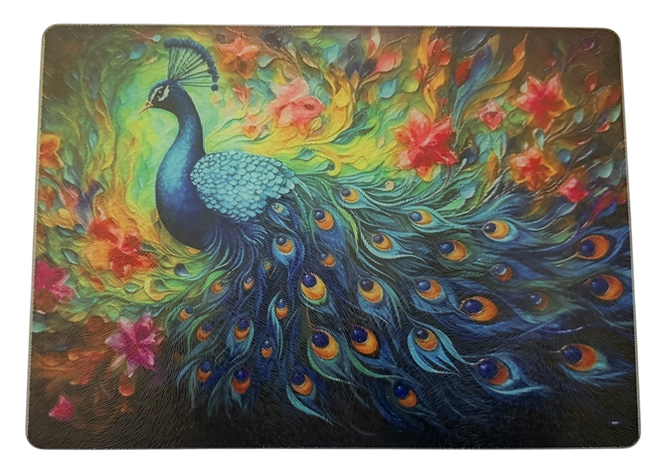 Beautiful Tempered Glass Cutting Board in Peacock Theme. 11" x 8"