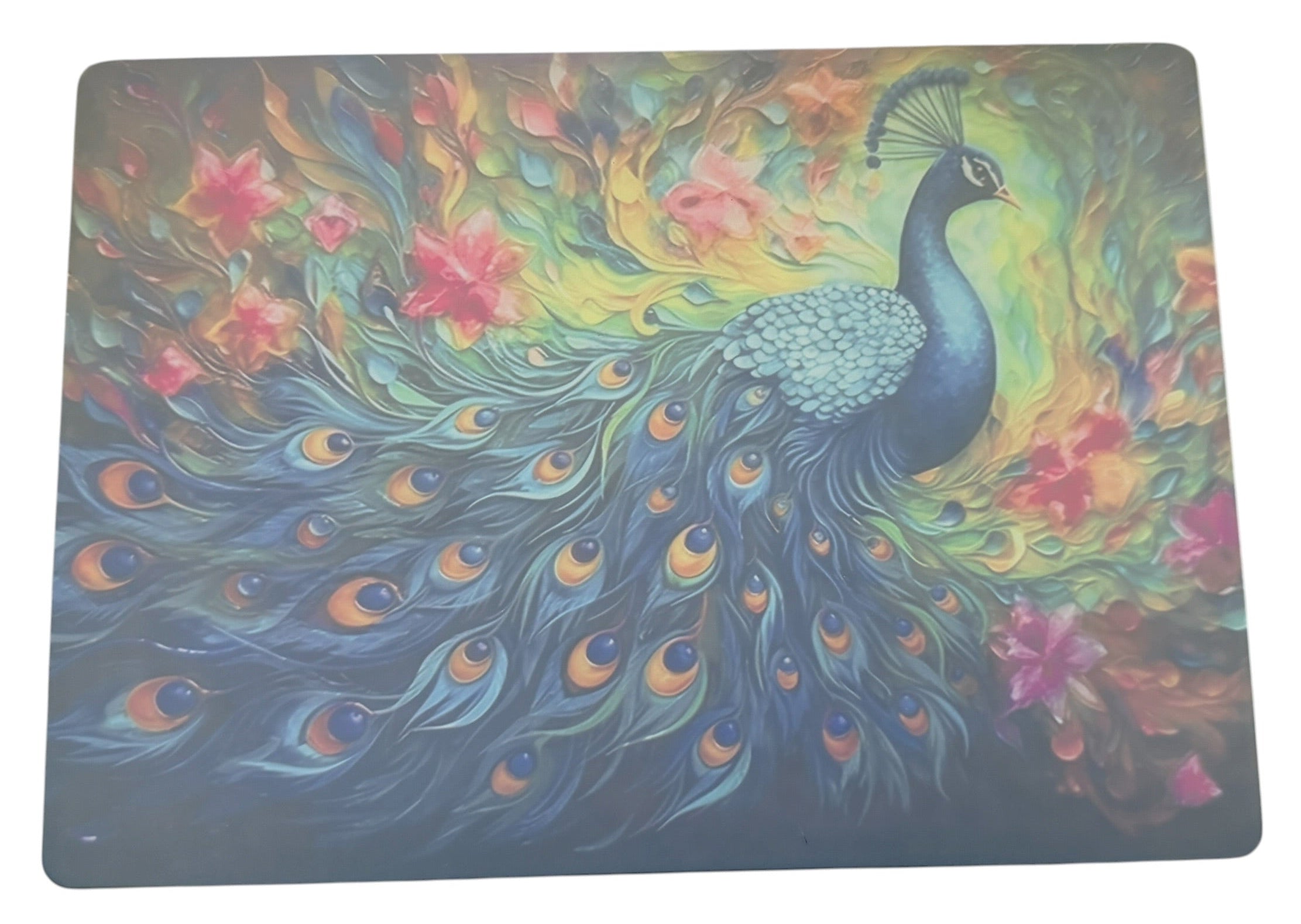 Beautiful Tempered Glass Cutting Board in Peacock Theme. 11" x 8"