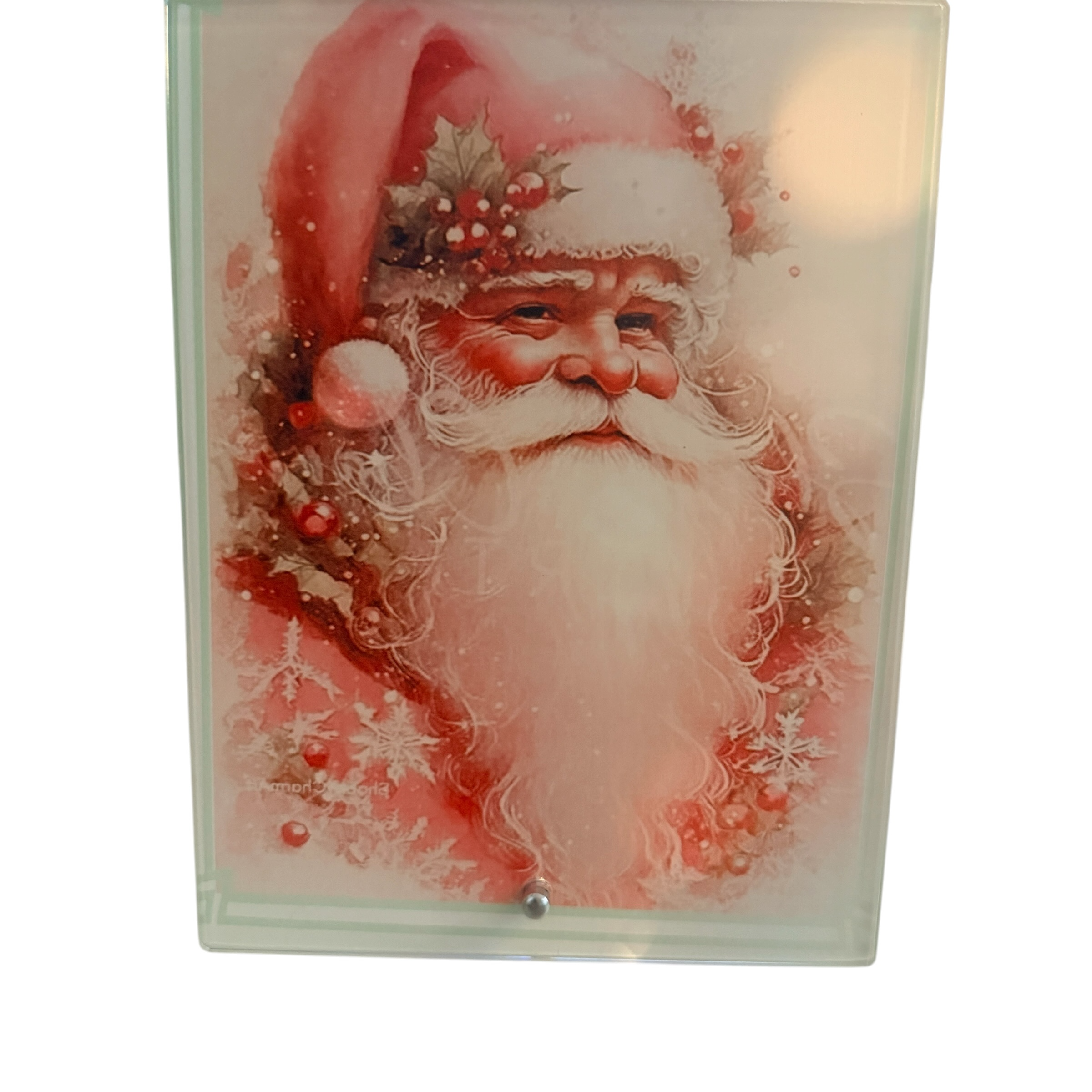 Pink Christmas Santa on Glass Home Decor with Stand.  6" x 8"