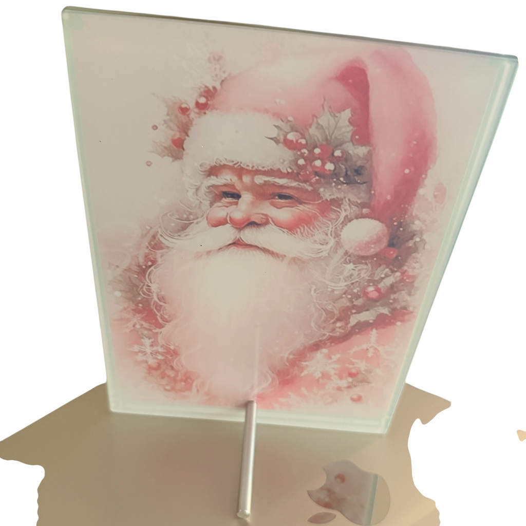 Pink Christmas Santa on Glass Home Decor with Stand.  6" x 8"