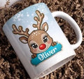 Christmas Reindeer Mugs Personalized with Name. Choose Blue or Pink
