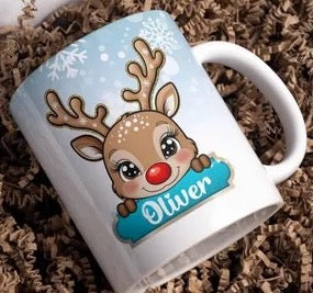 Christmas Reindeer Mugs Personalized with Name. Choose Blue or Pink