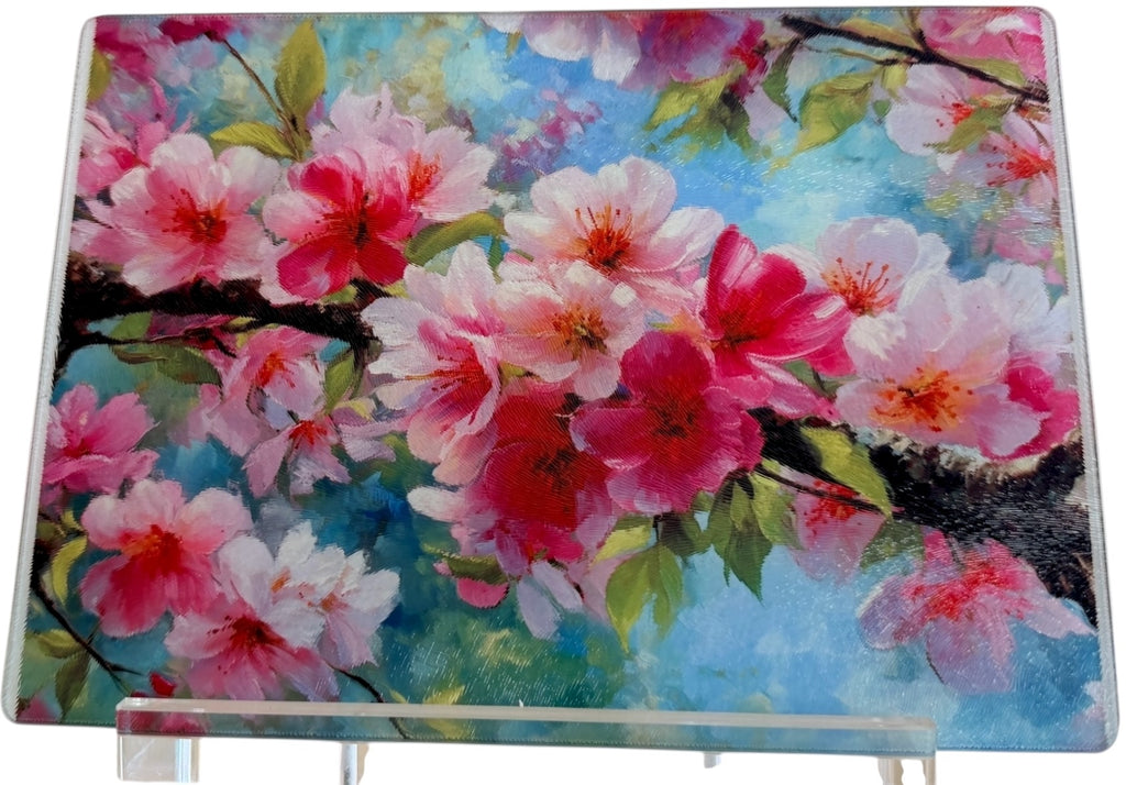 Beautiful Tempered Glass Cutting Board with Cherry Blossom Theme