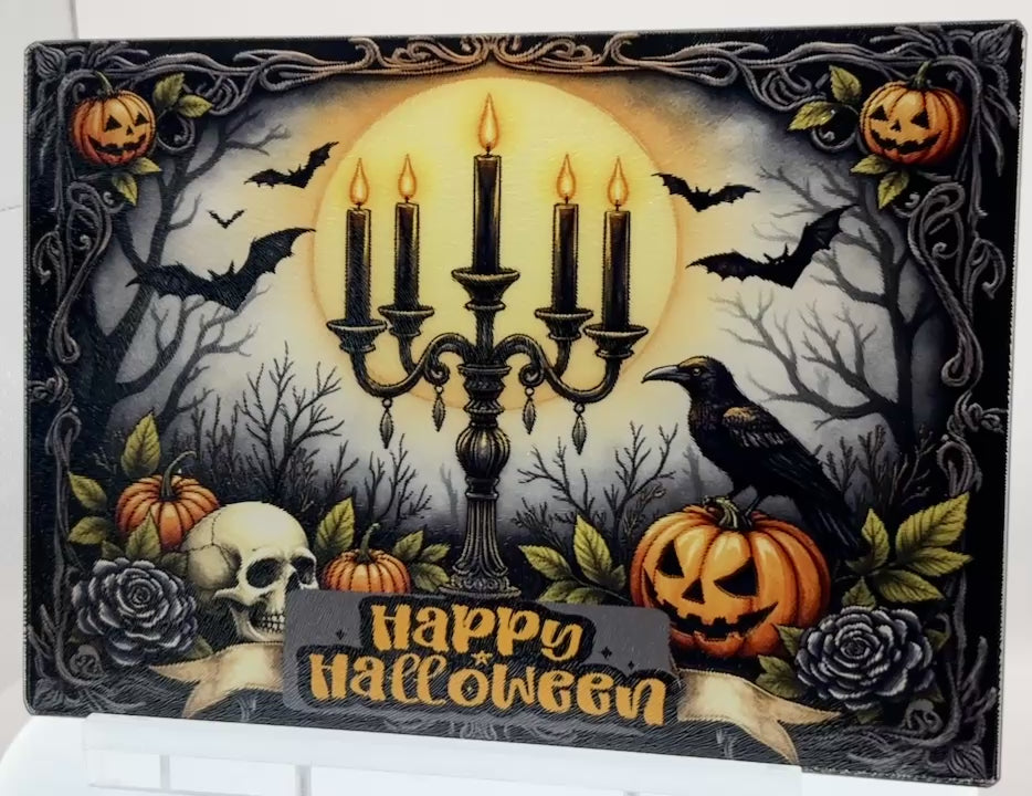 Fun Halloween Themed Tempered Glass Cutting Board. 11" x 8"