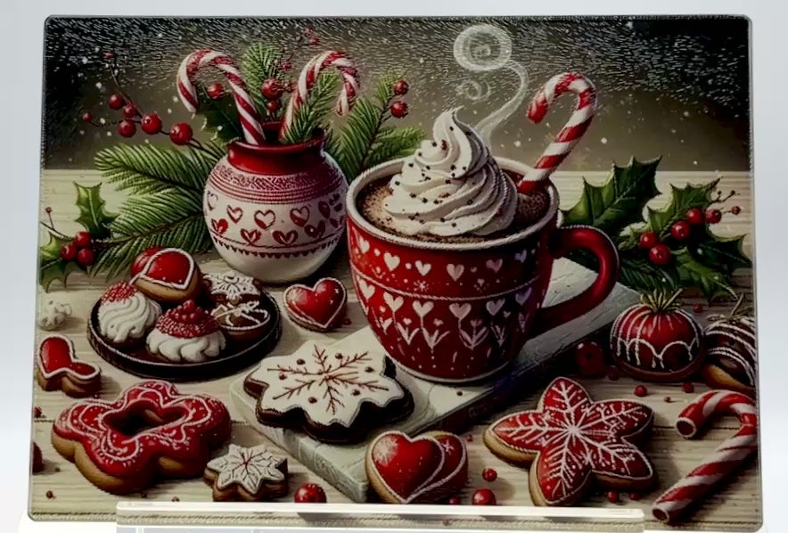 Christmas Cookie Theme Tempered Glass Cutting Board. 11" x 8"