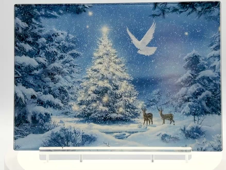 Lovely Wintry Theme Tempered Glass Cutting Board. 11" x 8"