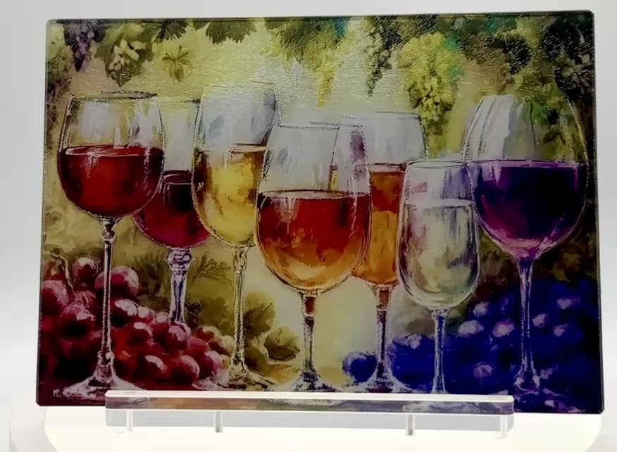 Beautiful Tempered Glass Cutting Board with Wine Theme.  11" x 8"