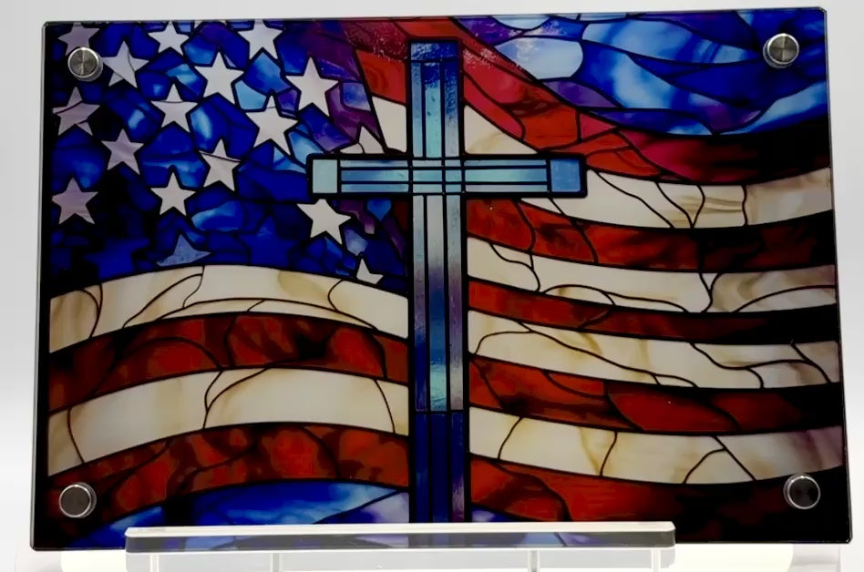 Beautiful Patriotic and Faith Theme Glass Wall Hanging.