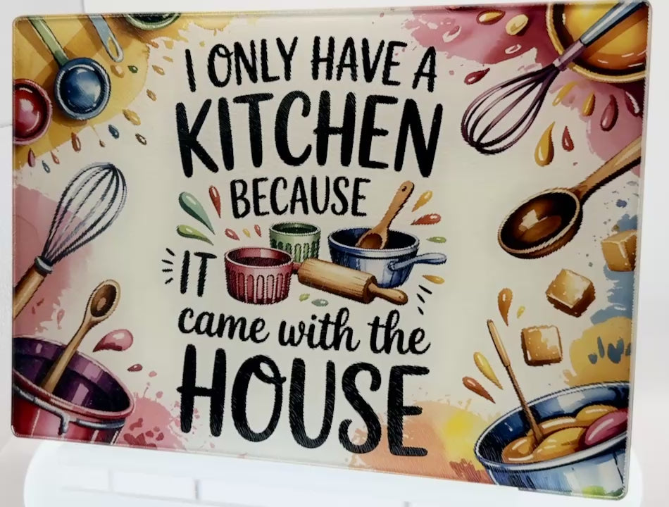 Fun Kitchen Themed Tempered Glass Cutting Board. 11" x 8"
